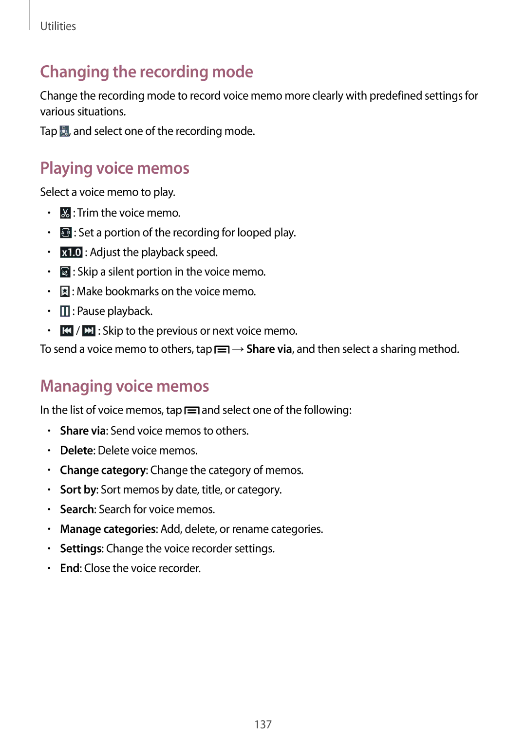 Samsung SM-N9005 user manual Changing the recording mode, Playing voice memos, Managing voice memos 