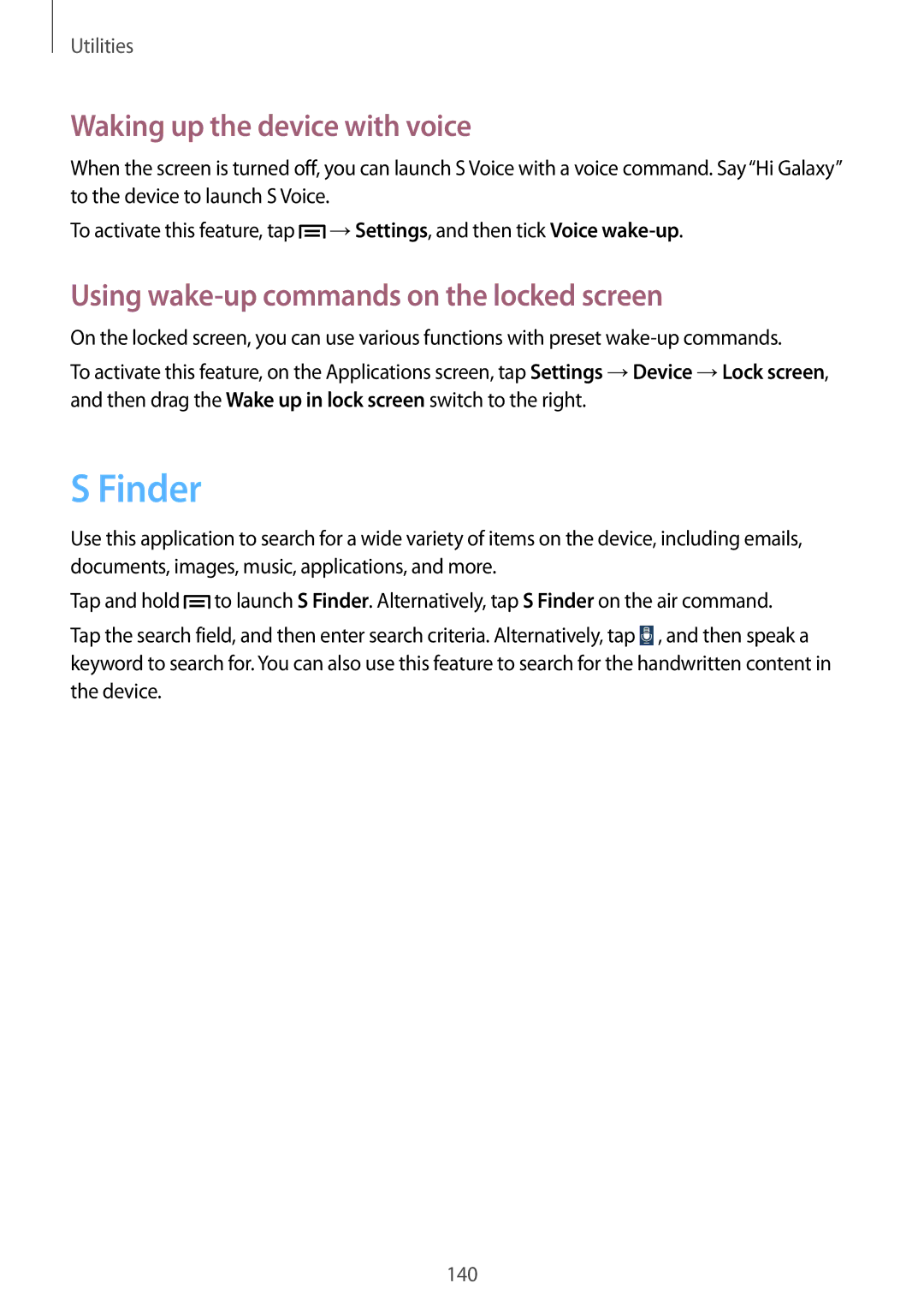 Samsung SM-N9005 user manual Finder, Waking up the device with voice, Using wake-up commands on the locked screen 