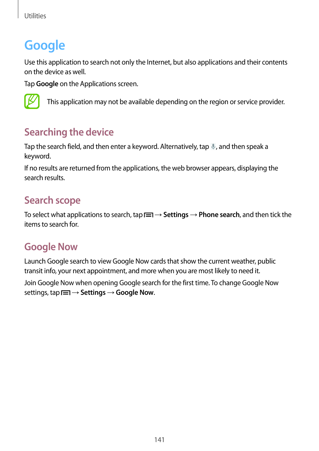 Samsung SM-N9005 user manual Searching the device, Search scope, Google Now 