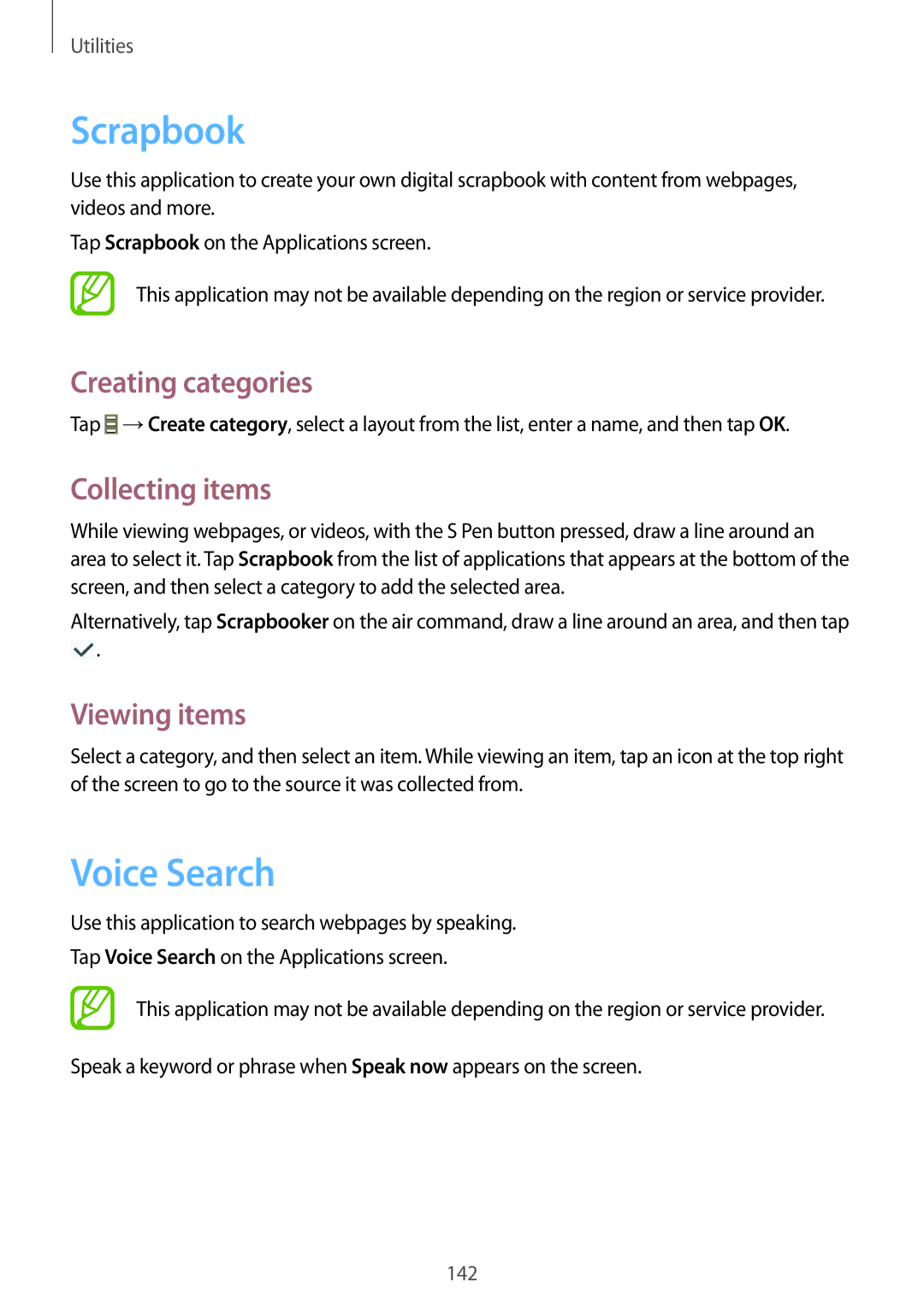 Samsung SM-N9005 user manual Scrapbook, Voice Search, Creating categories, Collecting items, Viewing items 