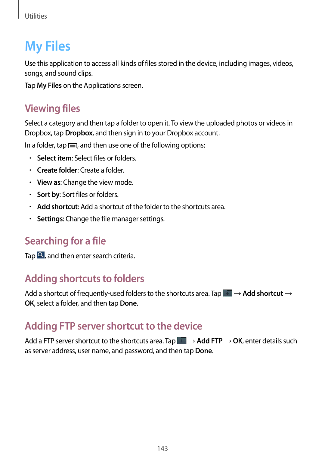 Samsung SM-N9005 user manual My Files, Viewing files, Searching for a file, Adding shortcuts to folders 