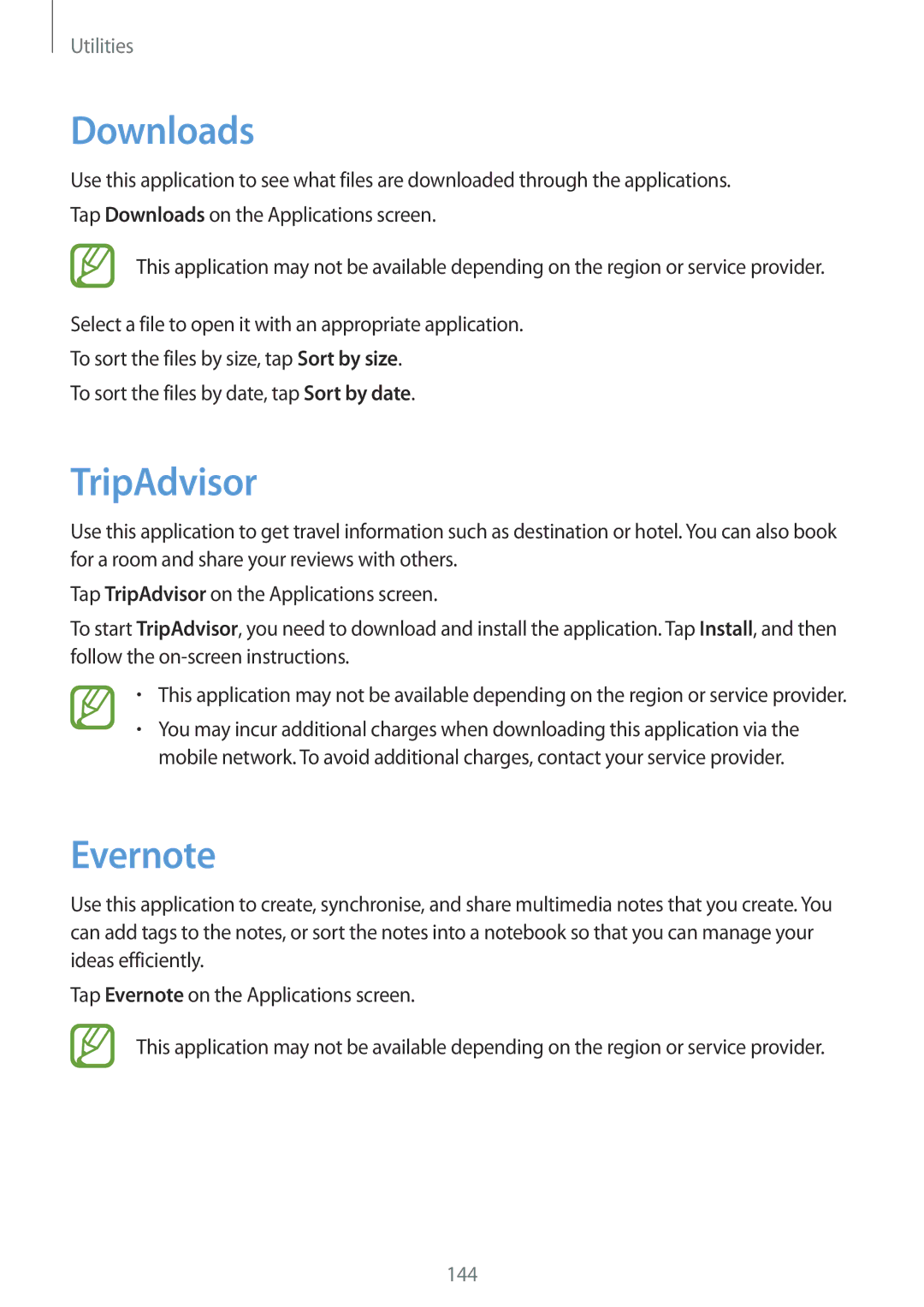 Samsung SM-N9005 user manual Downloads, TripAdvisor, Evernote 