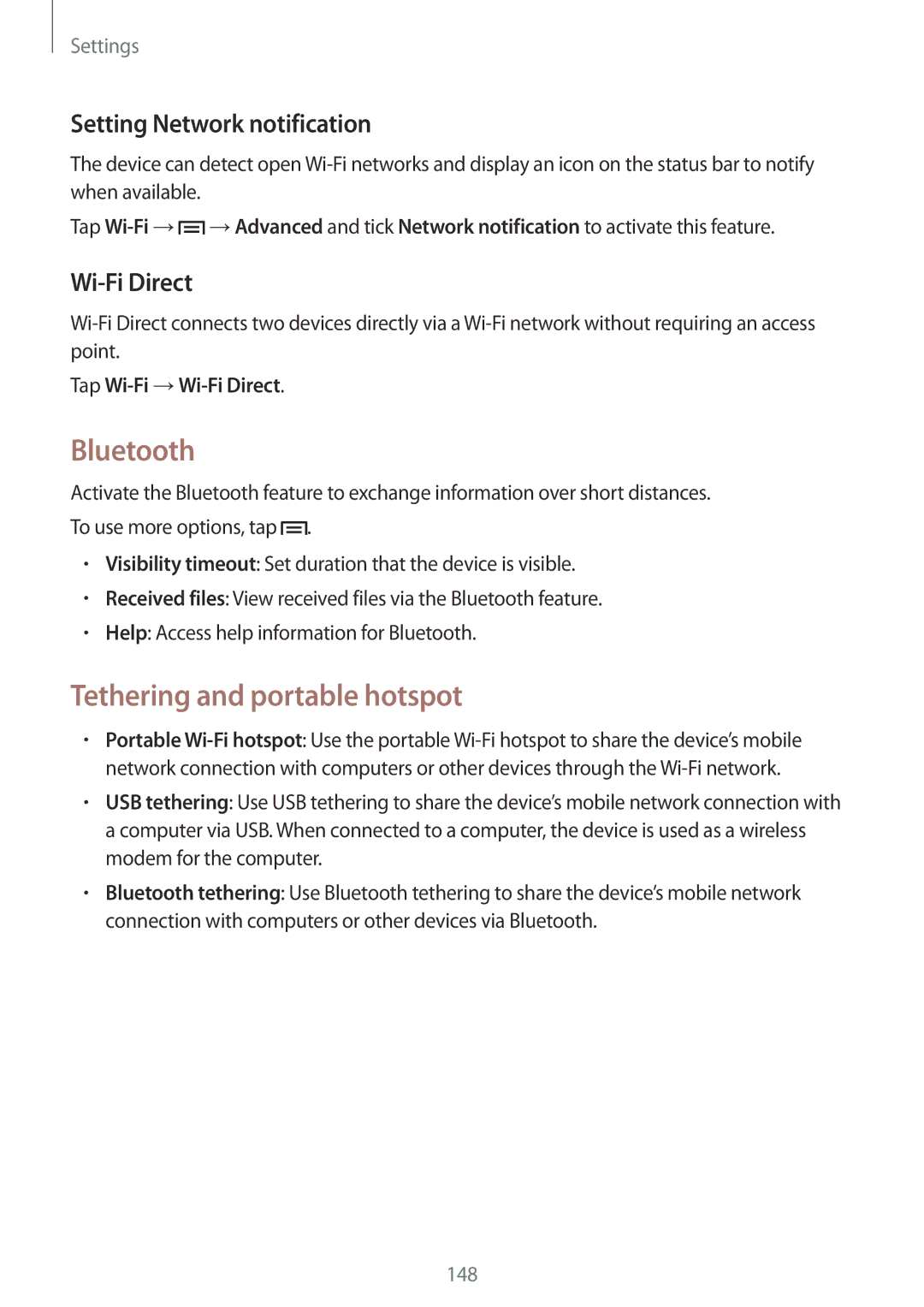 Samsung SM-N9005 user manual Bluetooth, Tethering and portable hotspot, Setting Network notification, Wi-Fi Direct 