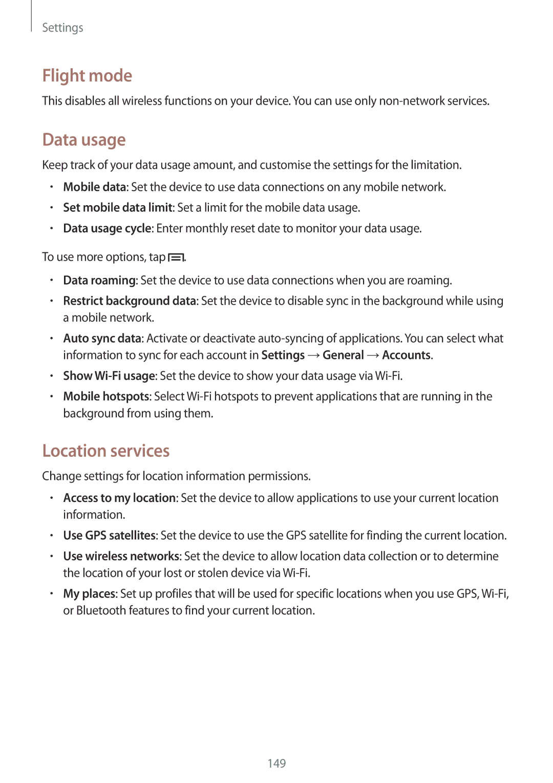 Samsung SM-N9005 user manual Flight mode, Data usage, Location services 