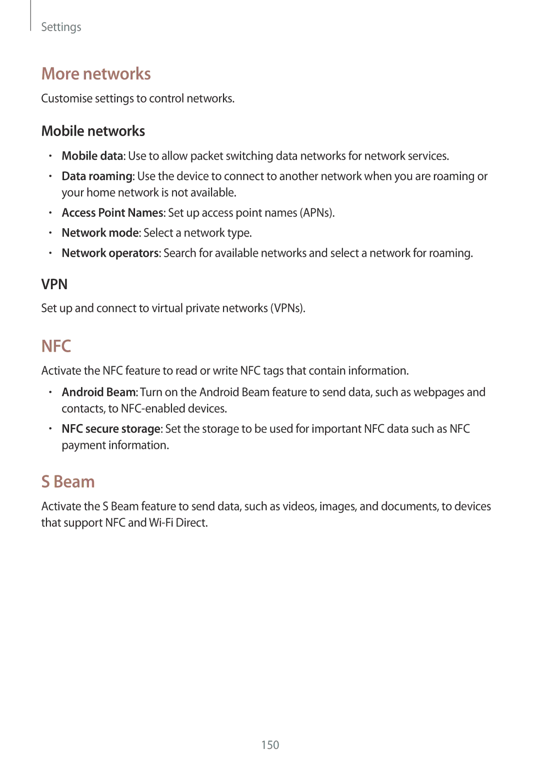 Samsung SM-N9005 user manual More networks, Beam, Mobile networks, Customise settings to control networks 