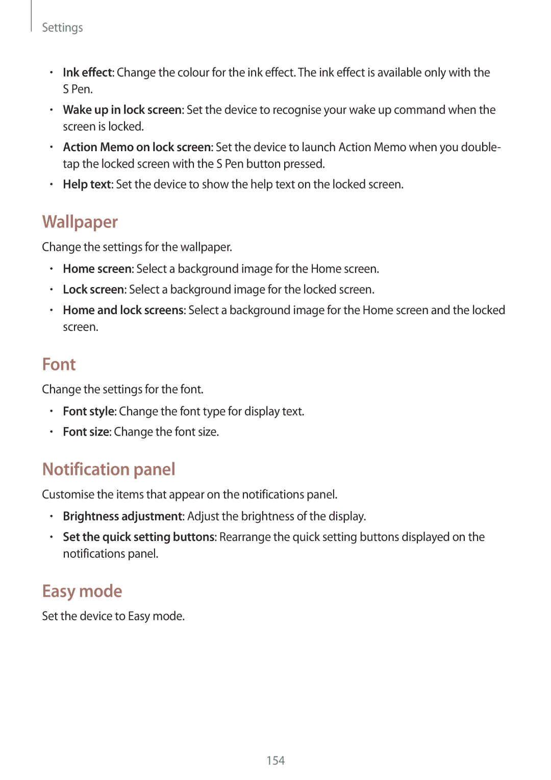 Samsung SM-N9005 user manual Wallpaper, Font, Notification panel, Set the device to Easy mode 
