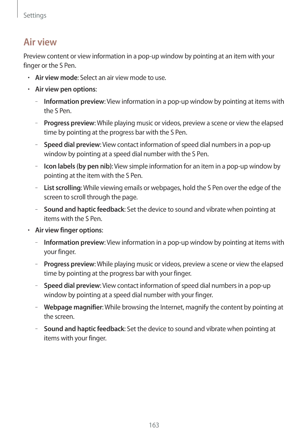 Samsung SM-N9005 user manual Air view pen options, Air view finger options 