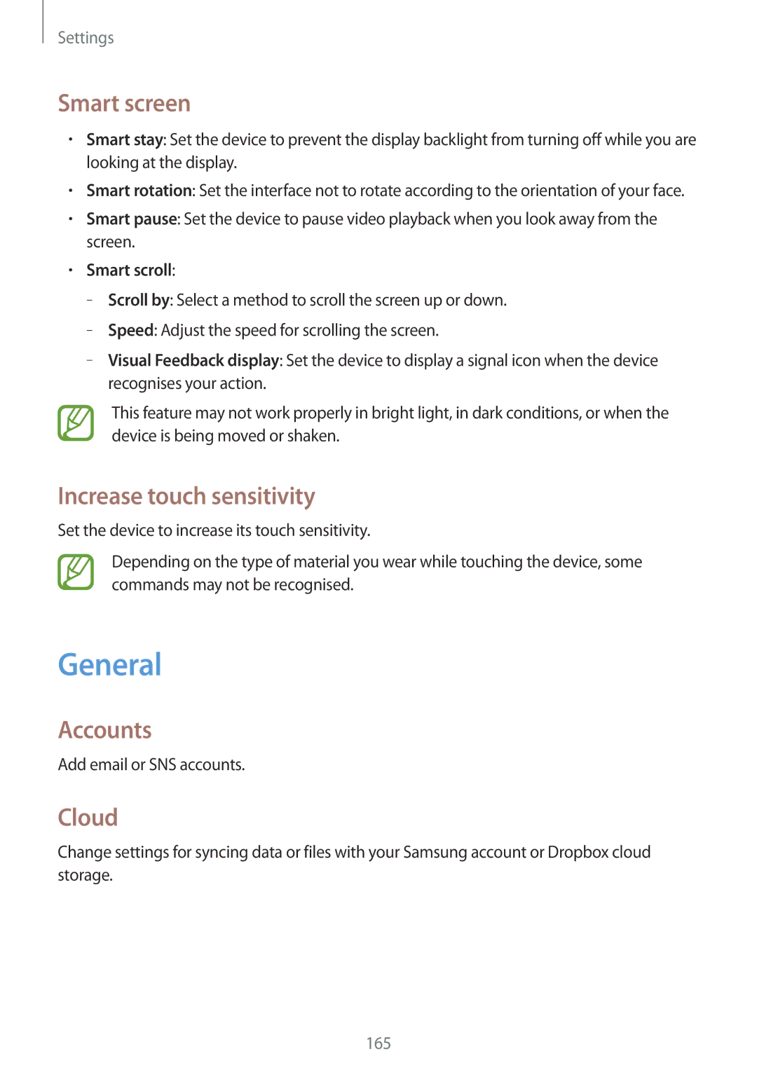 Samsung SM-N9005 user manual General, Smart screen, Increase touch sensitivity, Accounts, Cloud 