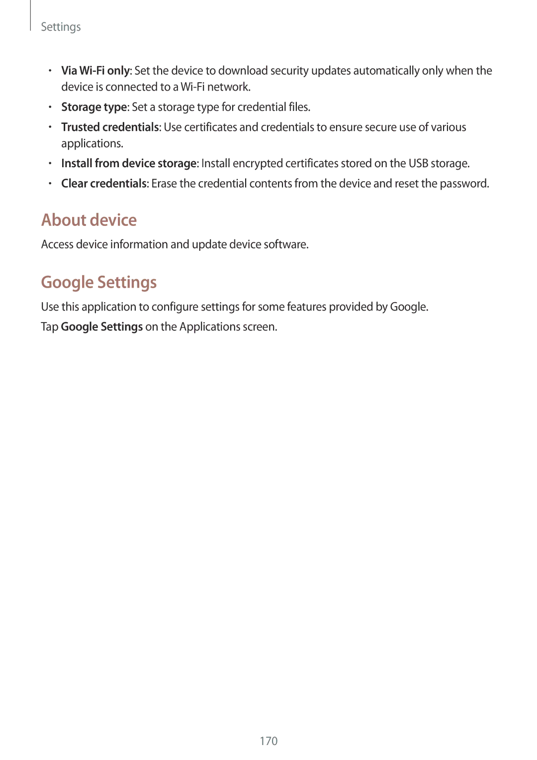 Samsung SM-N9005 user manual About device, Google Settings, Access device information and update device software 