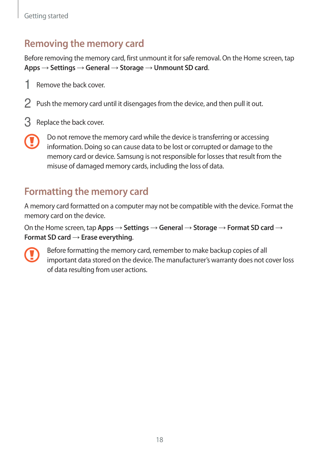 Samsung SM-N9005 user manual Removing the memory card, Formatting the memory card 