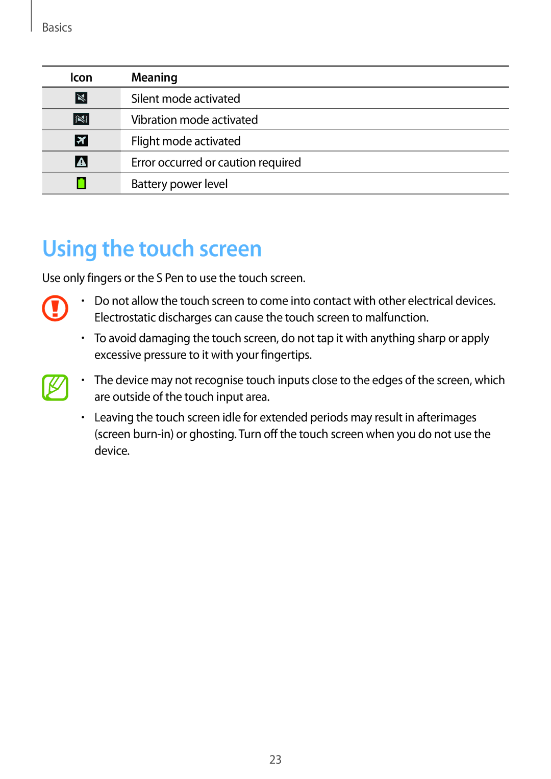 Samsung SM-N9005 user manual Using the touch screen, Use only fingers or the S Pen to use the touch screen 