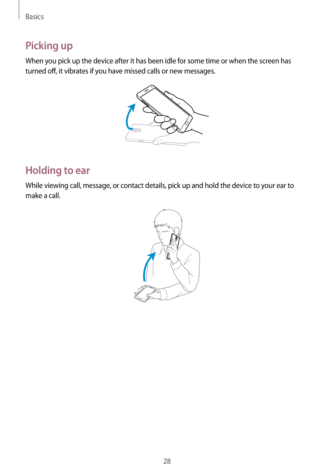 Samsung SM-N9005 user manual Picking up, Holding to ear 