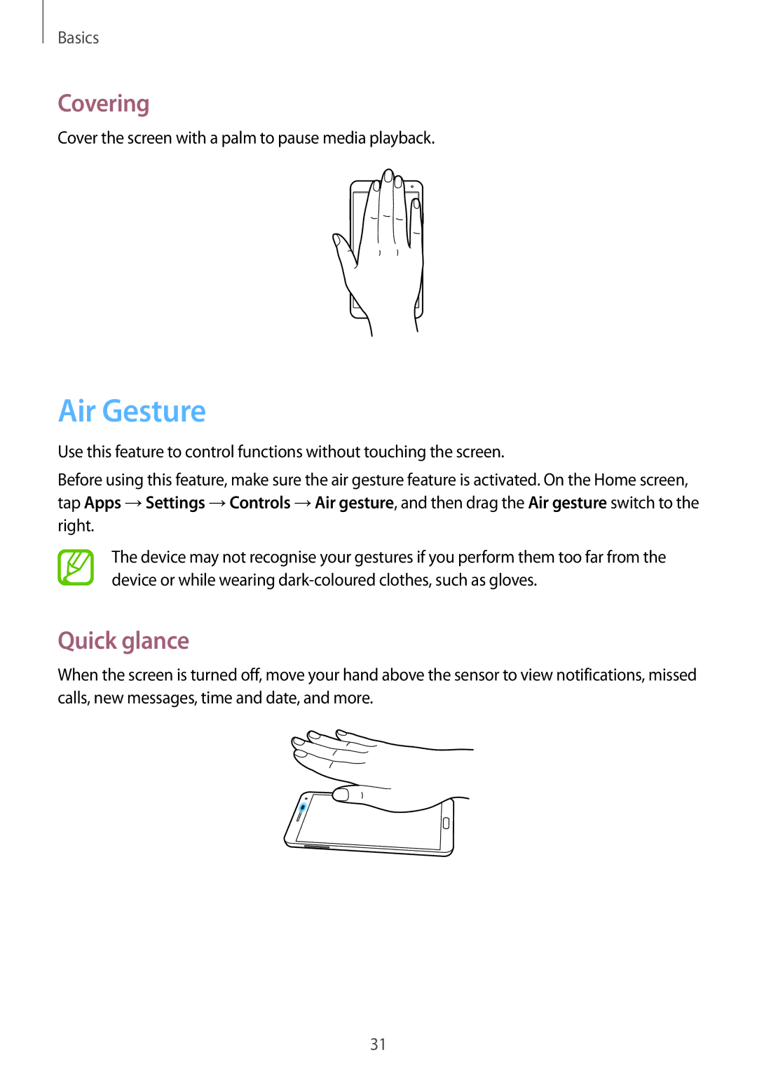 Samsung SM-N9005 user manual Air Gesture, Covering, Quick glance, Cover the screen with a palm to pause media playback 