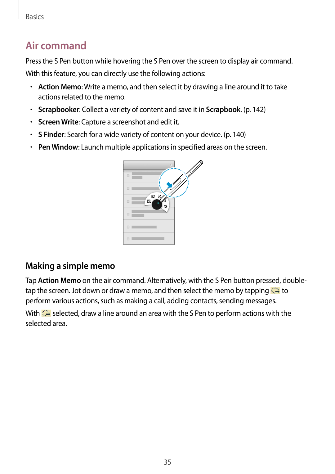 Samsung SM-N9005 user manual Air command, Making a simple memo 