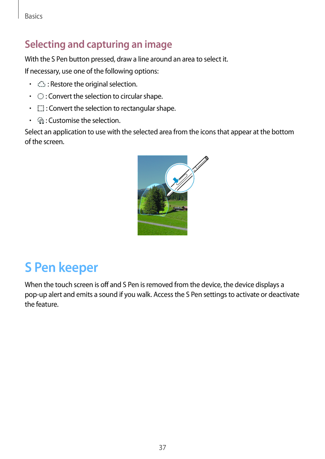 Samsung SM-N9005 user manual Pen keeper, Selecting and capturing an image 