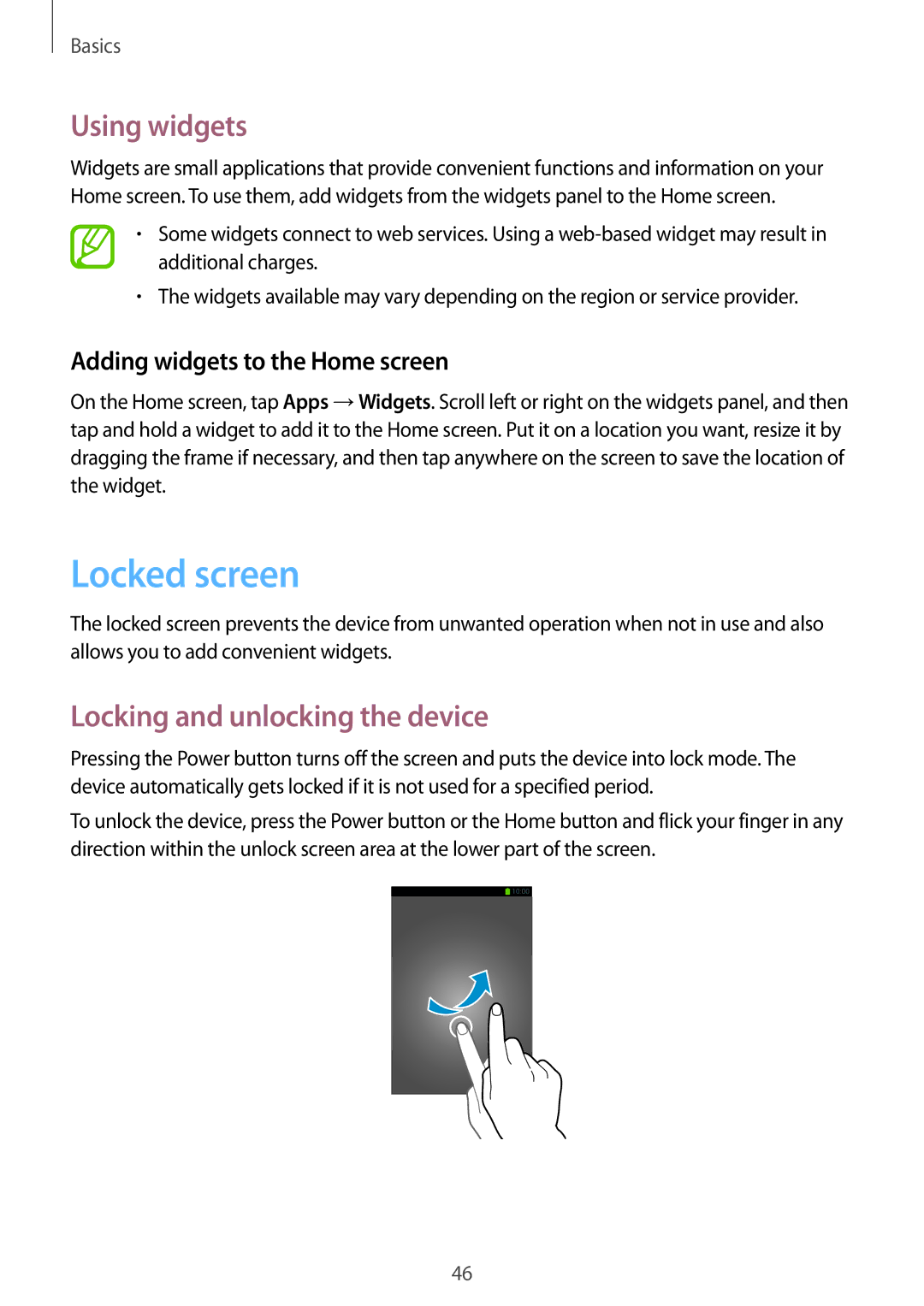 Samsung SM-N9005 Locked screen, Using widgets, Locking and unlocking the device, Adding widgets to the Home screen 