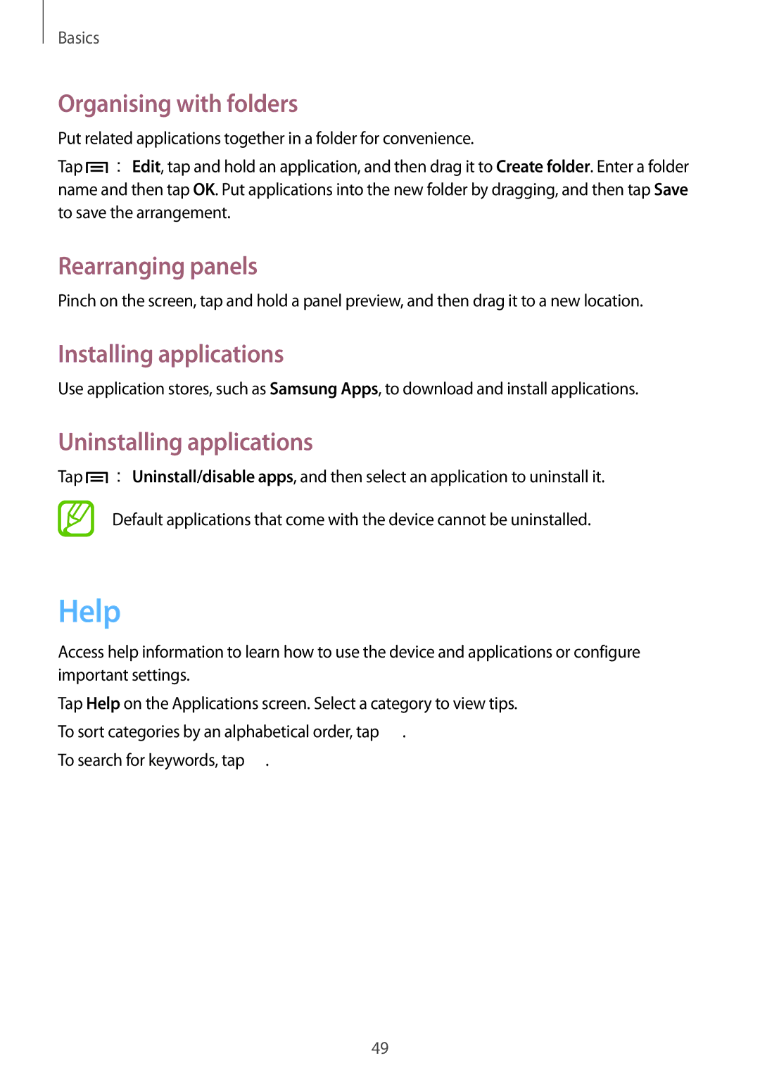 Samsung SM-N9005 user manual Help, Organising with folders, Installing applications, Uninstalling applications 