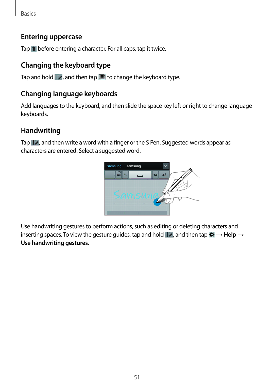 Samsung SM-N9005 user manual Entering uppercase, Changing the keyboard type, Changing language keyboards, Handwriting 