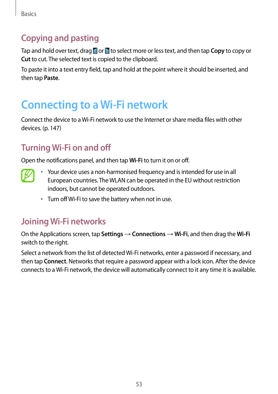 Samsung SM-N9005 Connecting to a Wi-Fi network, Copying and pasting, Turning Wi-Fi on and off, Joining Wi-Fi networks 