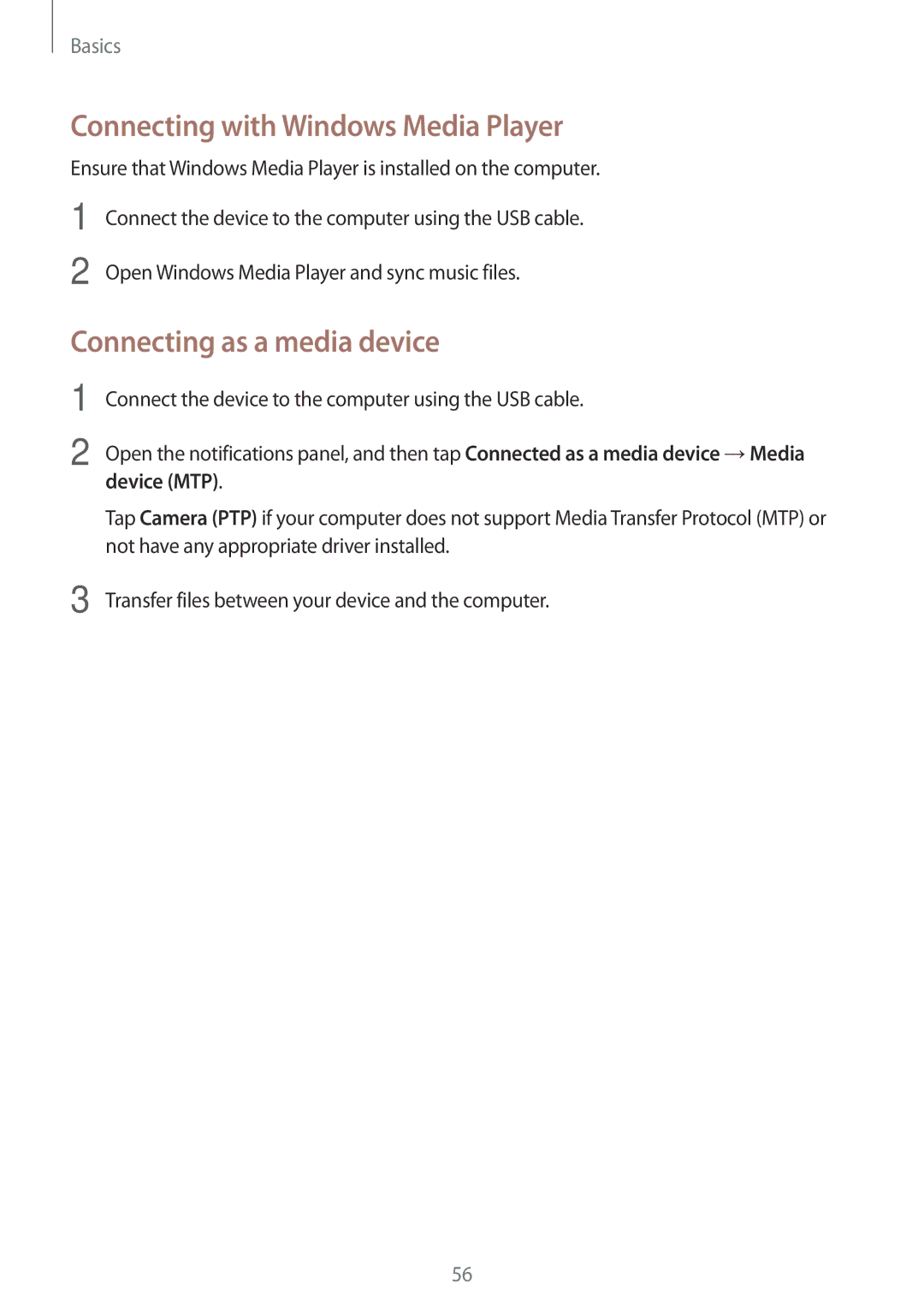 Samsung SM-N9005 user manual Connecting with Windows Media Player, Connecting as a media device, Device MTP 