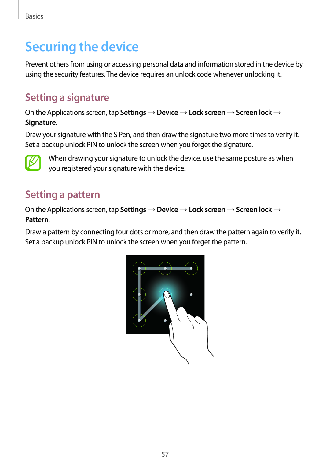 Samsung SM-N9005 user manual Securing the device, Setting a signature, Setting a pattern 