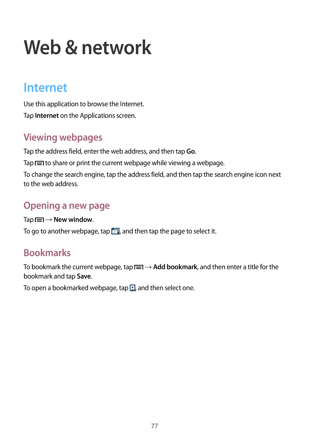 Samsung SM-N9005 user manual Internet, Viewing webpages, Opening a new, Bookmarks, Tap →New window 