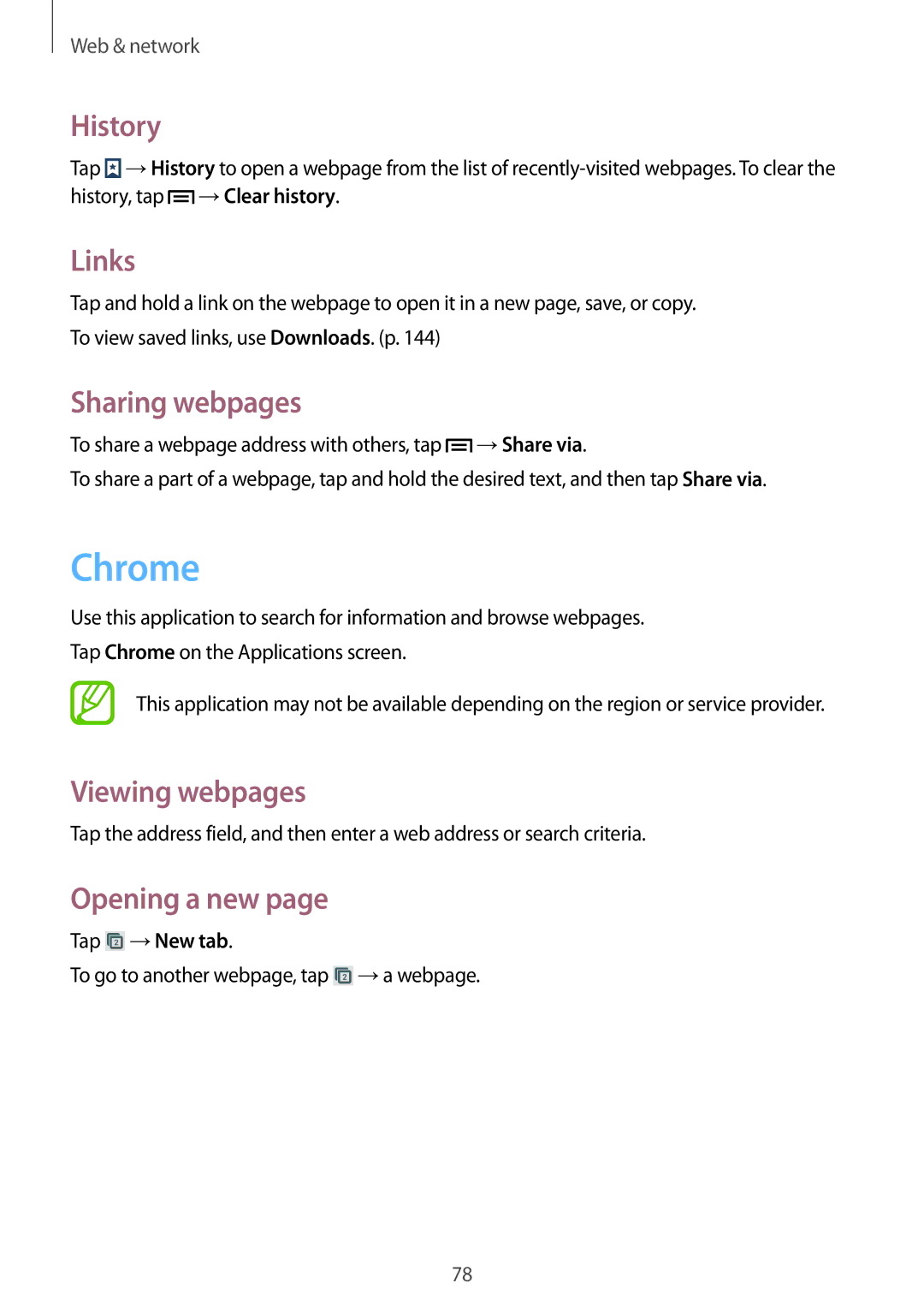 Samsung SM-N9005 user manual Chrome, History, Links, Sharing webpages, Tap →New tab 
