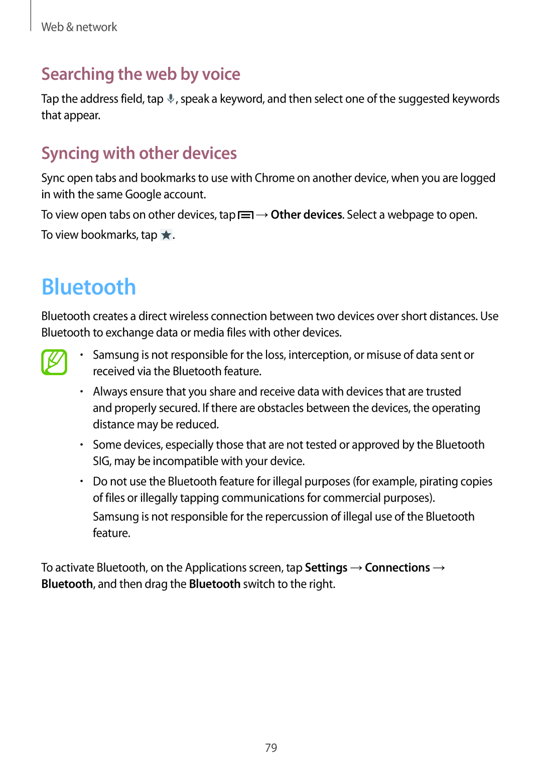 Samsung SM-N9005 user manual Bluetooth, Searching the web by voice, Syncing with other devices 