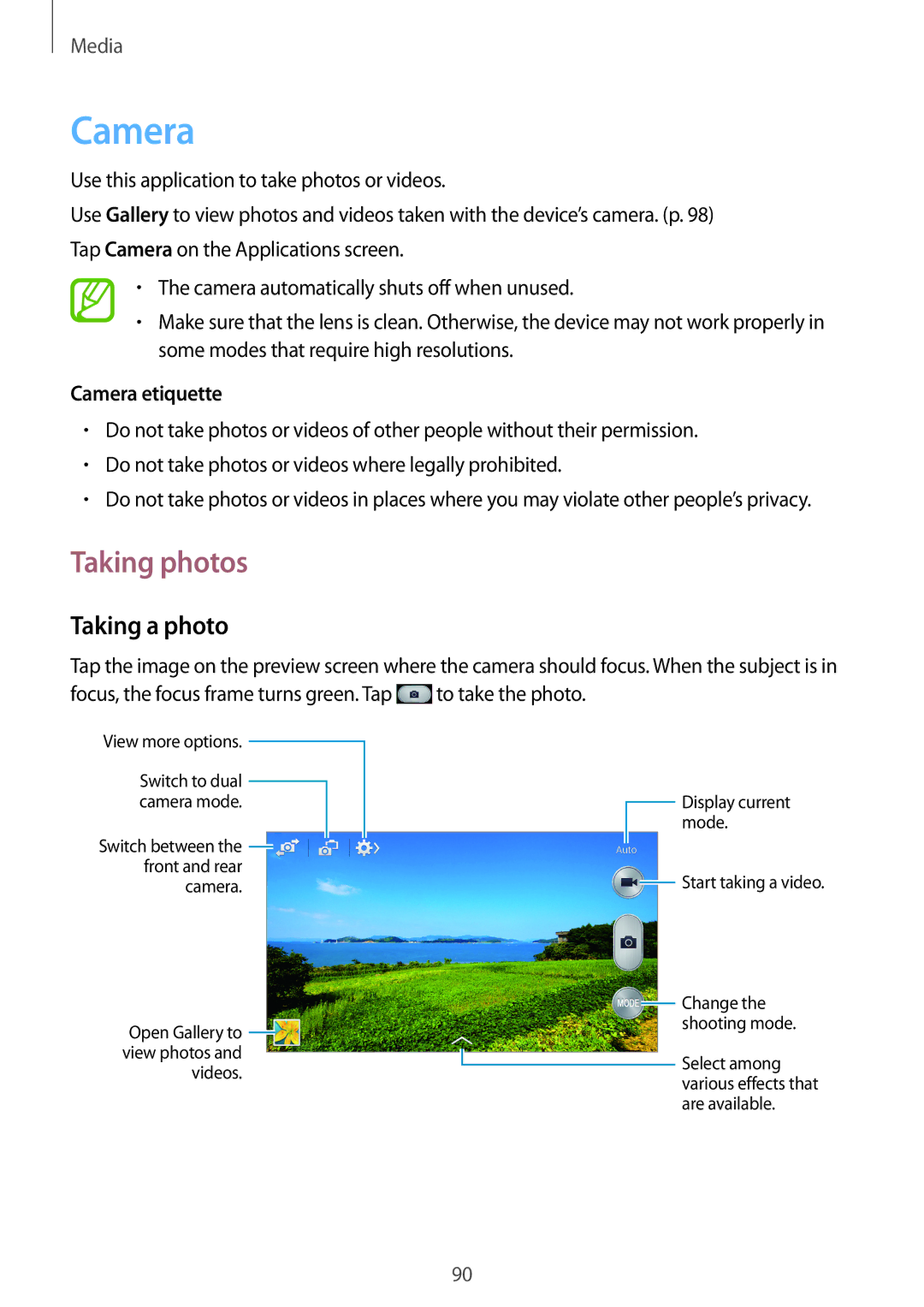 Samsung SM-N9005 user manual Taking photos, Taking a photo, Camera etiquette 