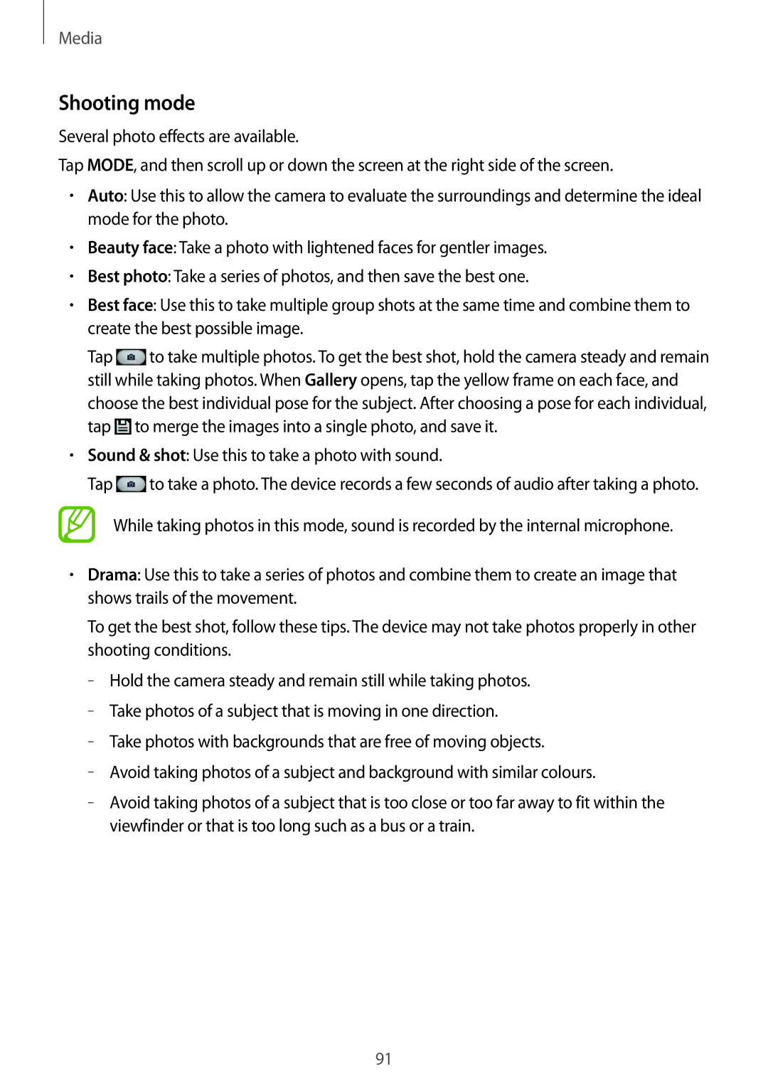 Samsung SM-N9005 user manual Shooting mode, Sound & shot Use this to take a photo with sound 