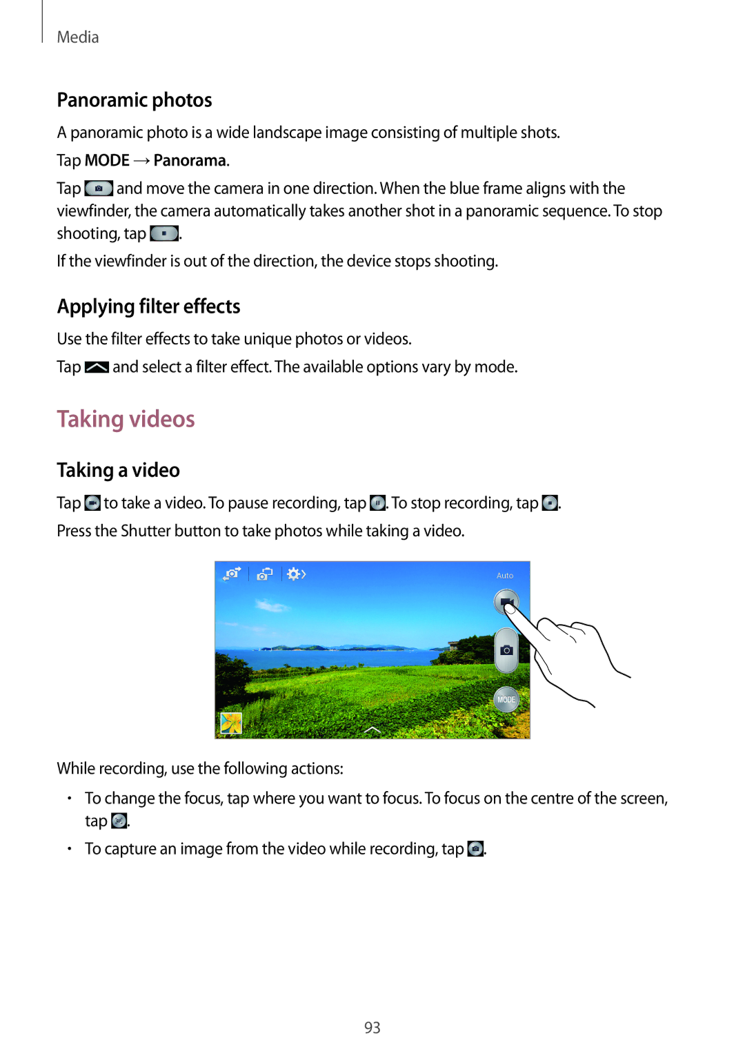 Samsung SM-N9005 user manual Taking videos, Panoramic photos, Applying filter effects, Taking a video, Tap Mode →Panorama 