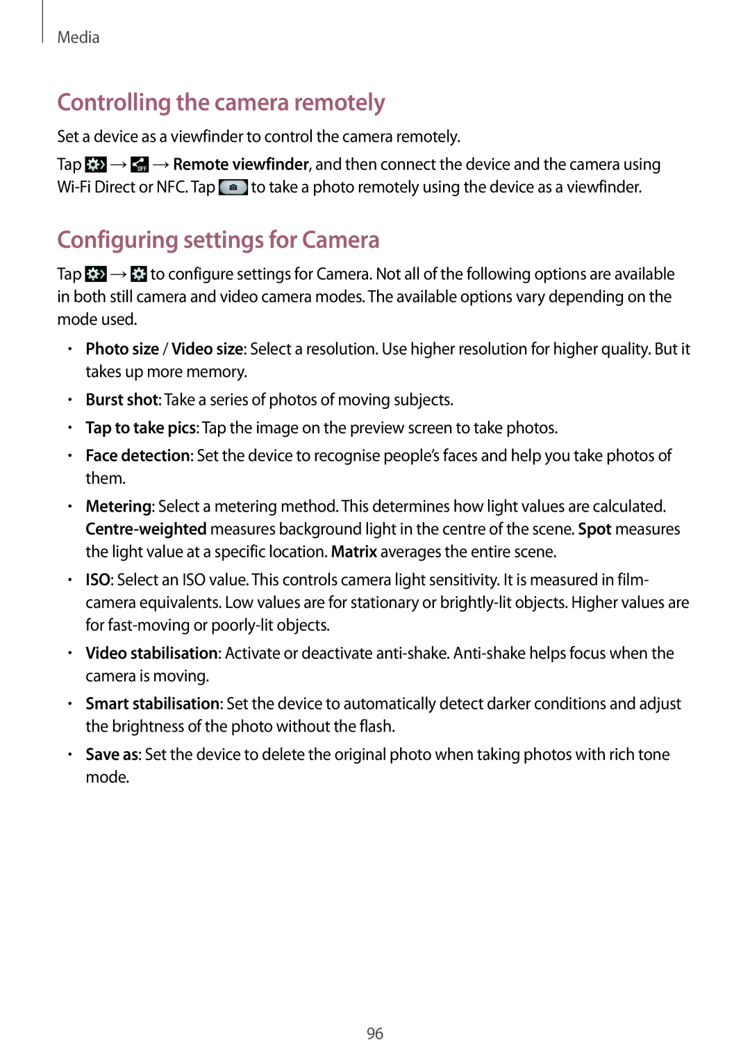 Samsung SM-N9005 user manual Controlling the camera remotely, Configuring settings for Camera 