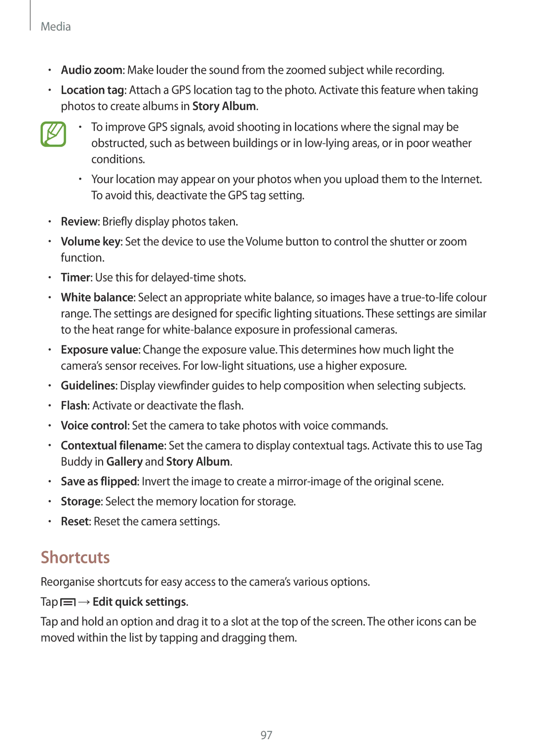 Samsung SM-N9005 user manual Shortcuts, Tap →Edit quick settings 