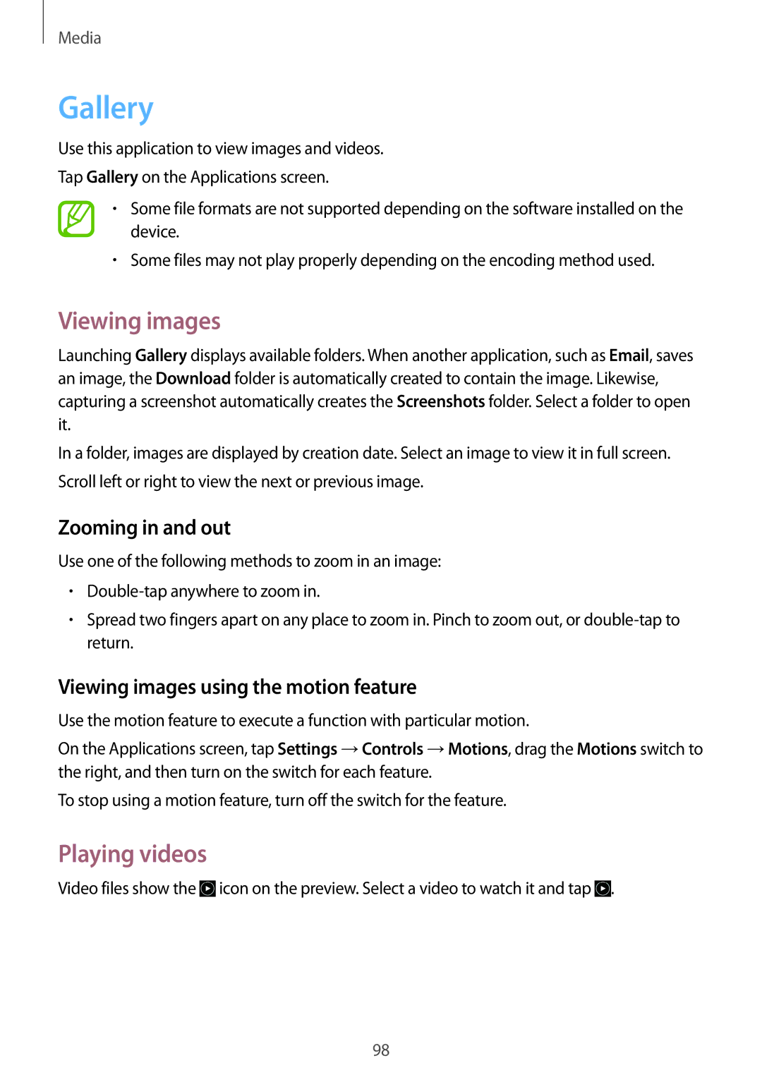 Samsung SM-N9005 user manual Gallery, Playing videos, Zooming in and out, Viewing images using the motion feature 