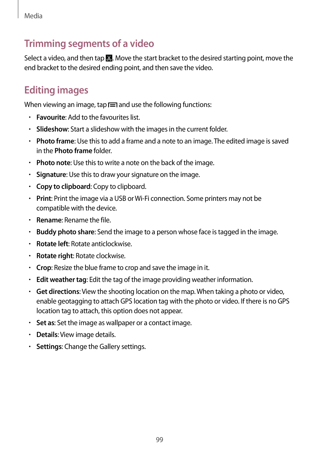 Samsung SM-N9005 user manual Trimming segments of a video, Editing images 