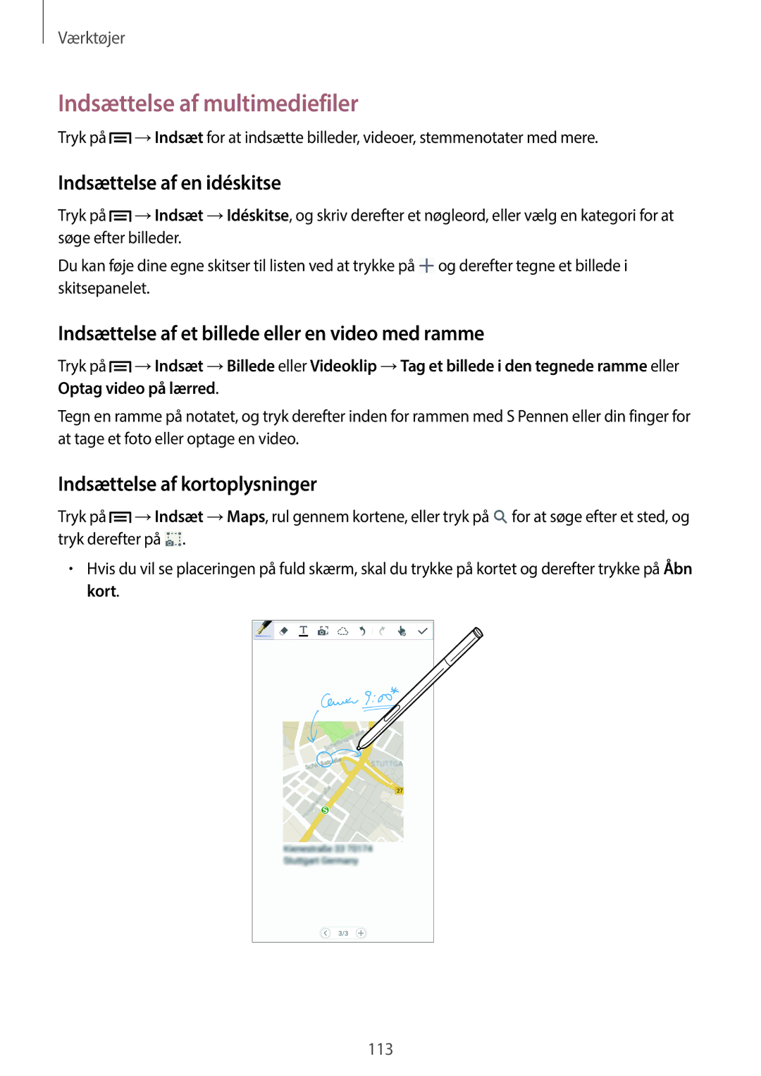 Samsung SM-N9005ZRENEE manual Indsættelse af multimediefiler, Indsættelse af en idéskitse, Indsættelse af kortoplysninger 