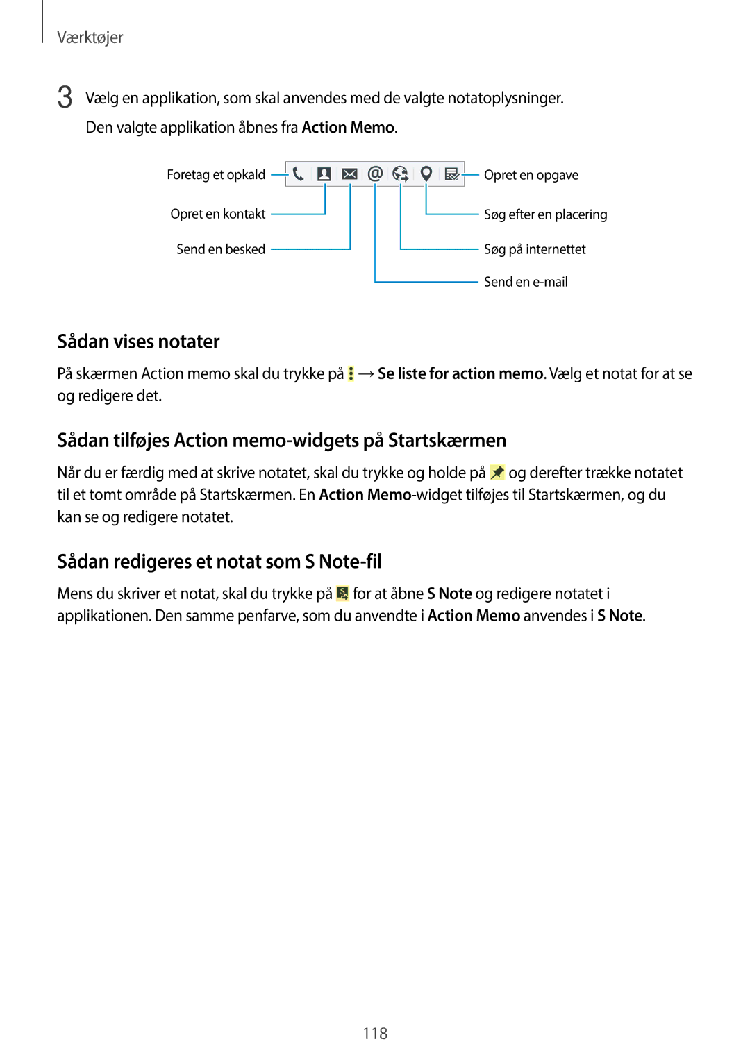 Samsung SM-N9005ZWENEE, SM-N9005WDENEE manual Sådan vises notater, Sådan tilføjes Action memo-widgets på Startskærmen 