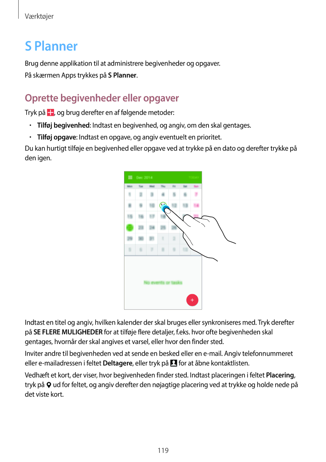 Samsung SM-N9005ZRENEE, SM-N9005WDENEE, SM-N9005ZKENEE, SM-N9005ZIENEE manual Planner, Oprette begivenheder eller opgaver 
