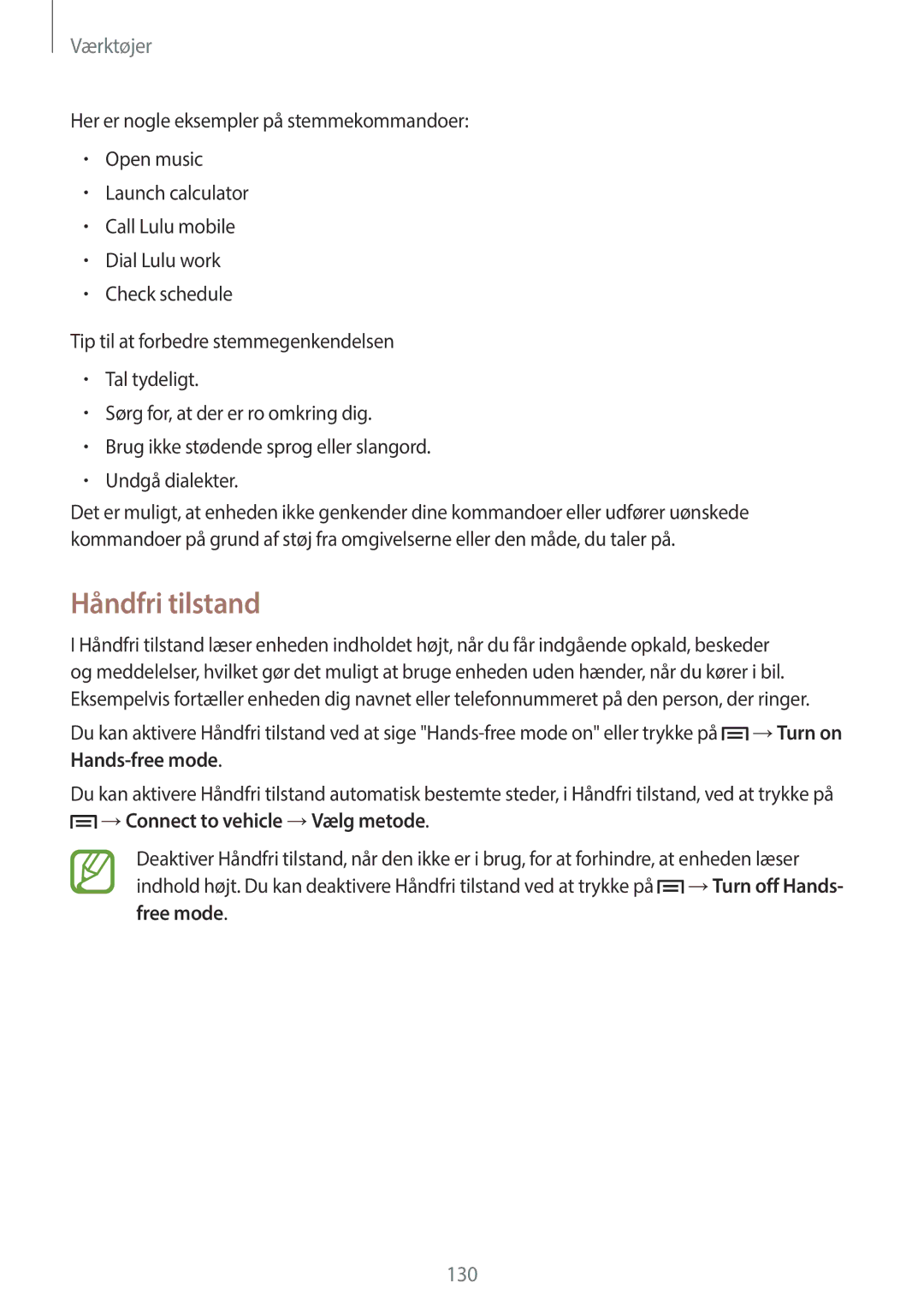 Samsung SM-N9005ZWENEE, SM-N9005WDENEE, SM-N9005ZKENEE manual Håndfri tilstand, →Connect to vehicle →Vælg metode, Free mode 