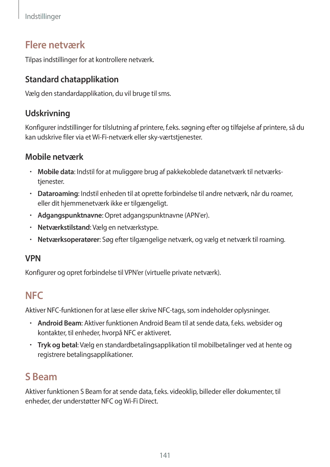 Samsung SM-N9005BDENEE, SM-N9005WDENEE manual Flere netværk, Beam, Standard chatapplikation, Udskrivning, Mobile netværk 