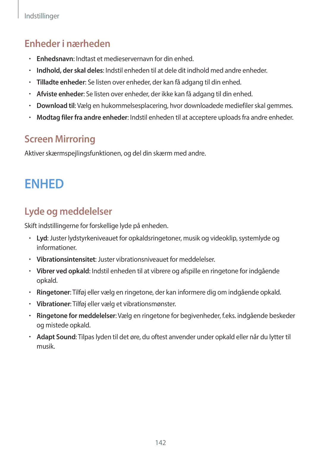 Samsung SM-N9005ZWENEE, SM-N9005WDENEE, SM-N9005ZKENEE manual Enheder i nærheden, Screen Mirroring, Lyde og meddelelser 