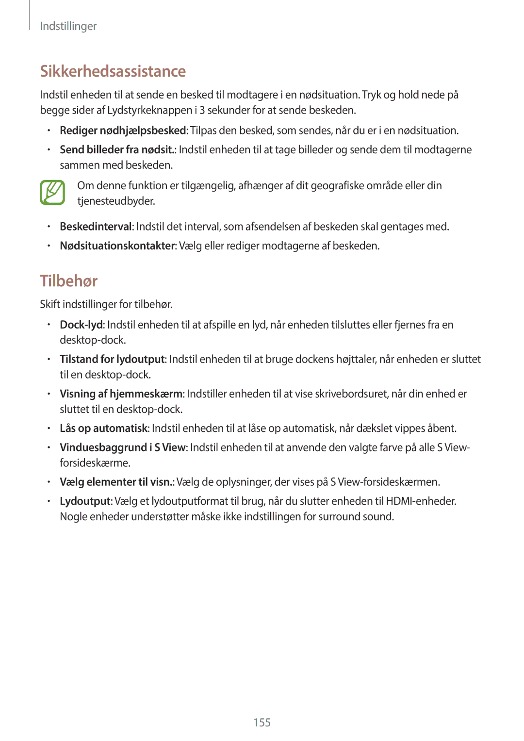 Samsung SM-N9005ZRENEE, SM-N9005WDENEE, SM-N9005ZKENEE, SM-N9005ZIENEE, SM-N9005BDENEE manual Sikkerhedsassistance, Tilbehør 