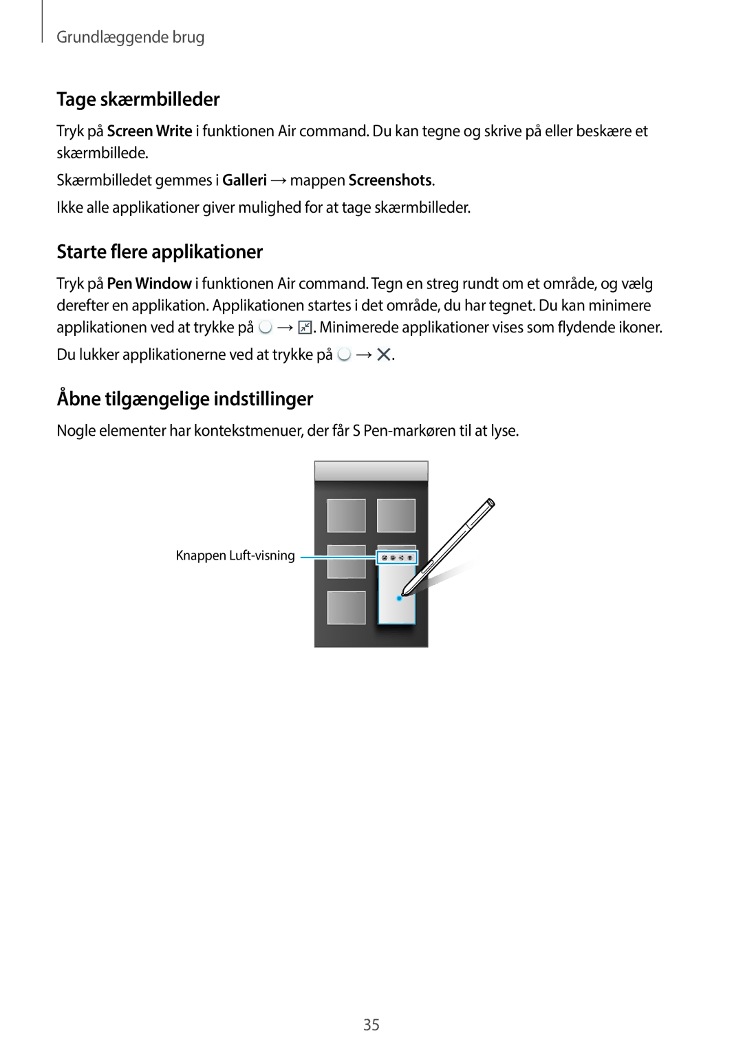 Samsung SM-N9005ZRENEE, SM-N9005WDENEE Tage skærmbilleder, Starte flere applikationer, Åbne tilgængelige indstillinger 