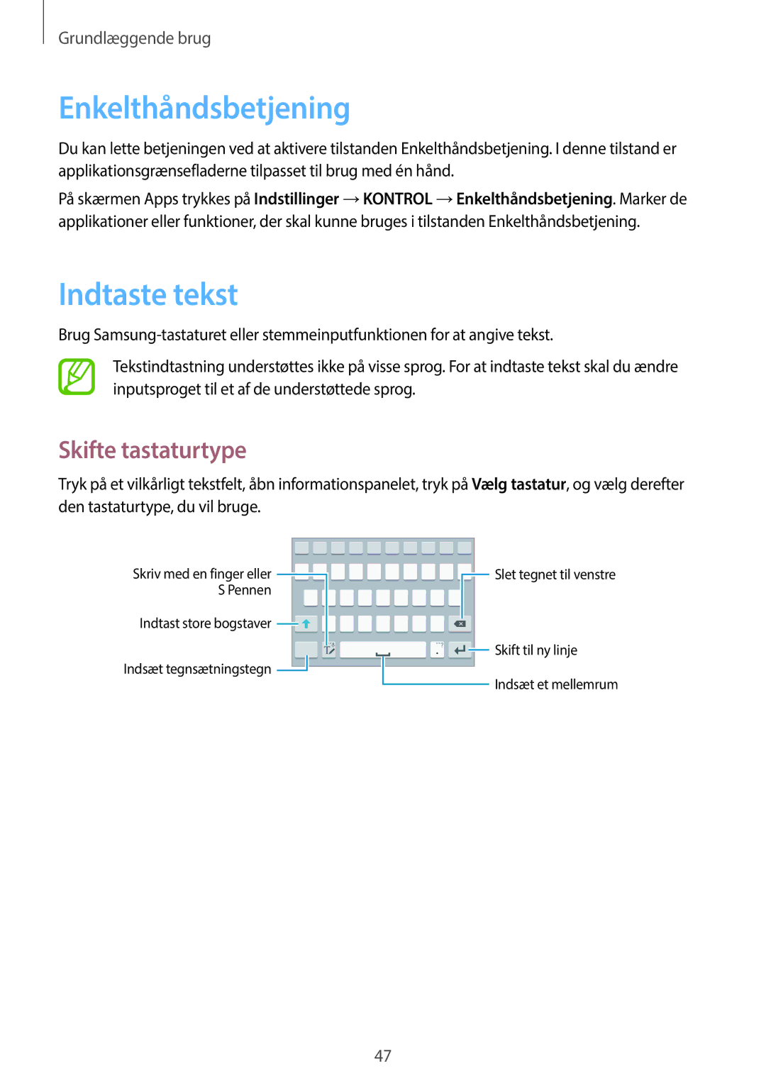 Samsung SM-N9005ZRENEE, SM-N9005WDENEE, SM-N9005ZKENEE manual Enkelthåndsbetjening, Indtaste tekst, Skifte tastaturtype 