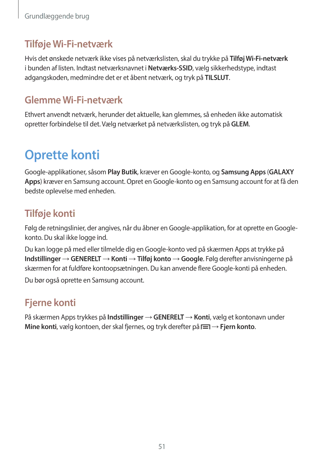 Samsung SM-N9005BDENEE manual Oprette konti, Tilføje Wi-Fi-netværk, Glemme Wi-Fi-netværk, Tilføje konti, Fjerne konti 