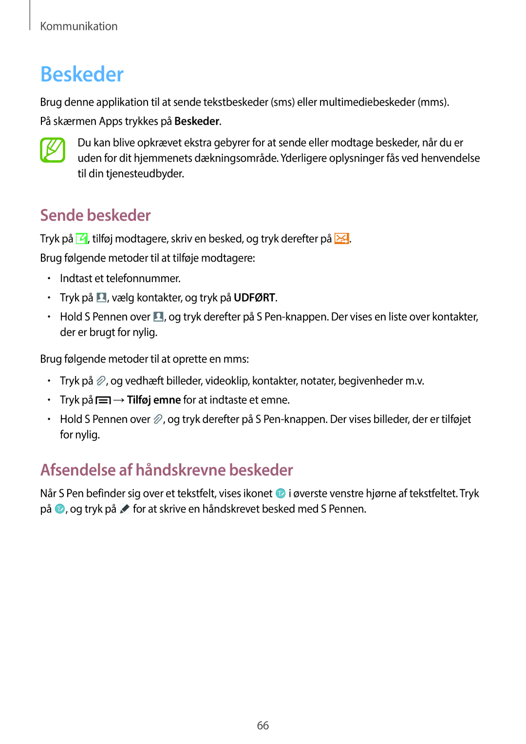 Samsung SM-N9005WDENEE, SM-N9005ZKENEE, SM-N9005ZIENEE manual Beskeder, Sende beskeder, Afsendelse af håndskrevne beskeder 