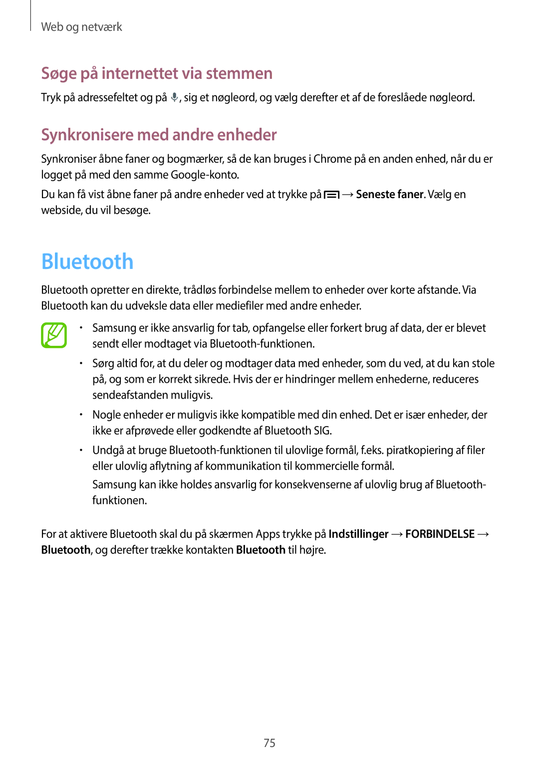 Samsung SM-N9005BDENEE, SM-N9005WDENEE manual Bluetooth, Søge på internettet via stemmen, Synkronisere med andre enheder 