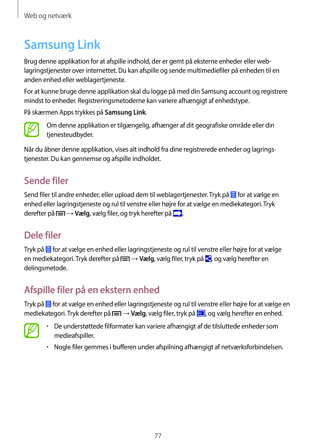 Samsung SM-N9005ZRENEE, SM-N9005WDENEE manual Samsung Link, Sende filer, Dele filer, Afspille filer på en ekstern enhed 