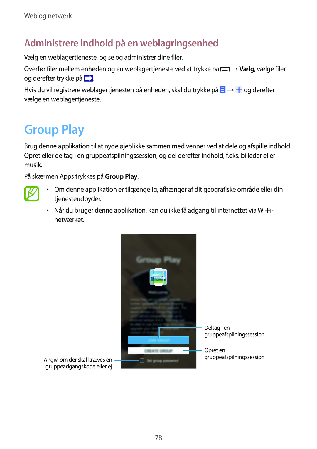 Samsung SM-N9005WDENEE, SM-N9005ZKENEE, SM-N9005ZIENEE manual Group Play, Administrere indhold på en weblagringsenhed 