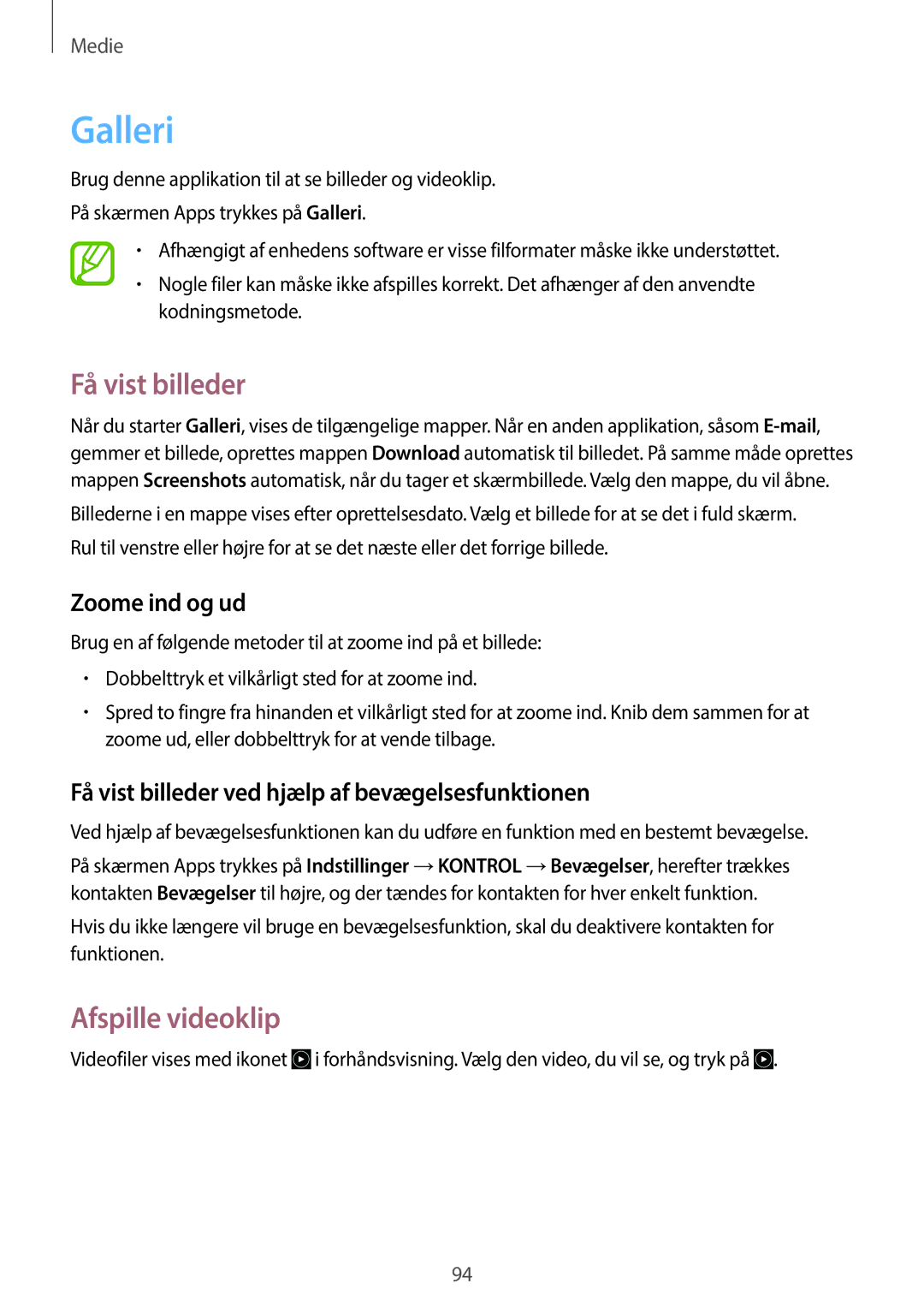 Samsung SM-N9005ZWENEE, SM-N9005WDENEE, SM-N9005ZKENEE manual Galleri, Få vist billeder, Afspille videoklip, Zoome ind og ud 